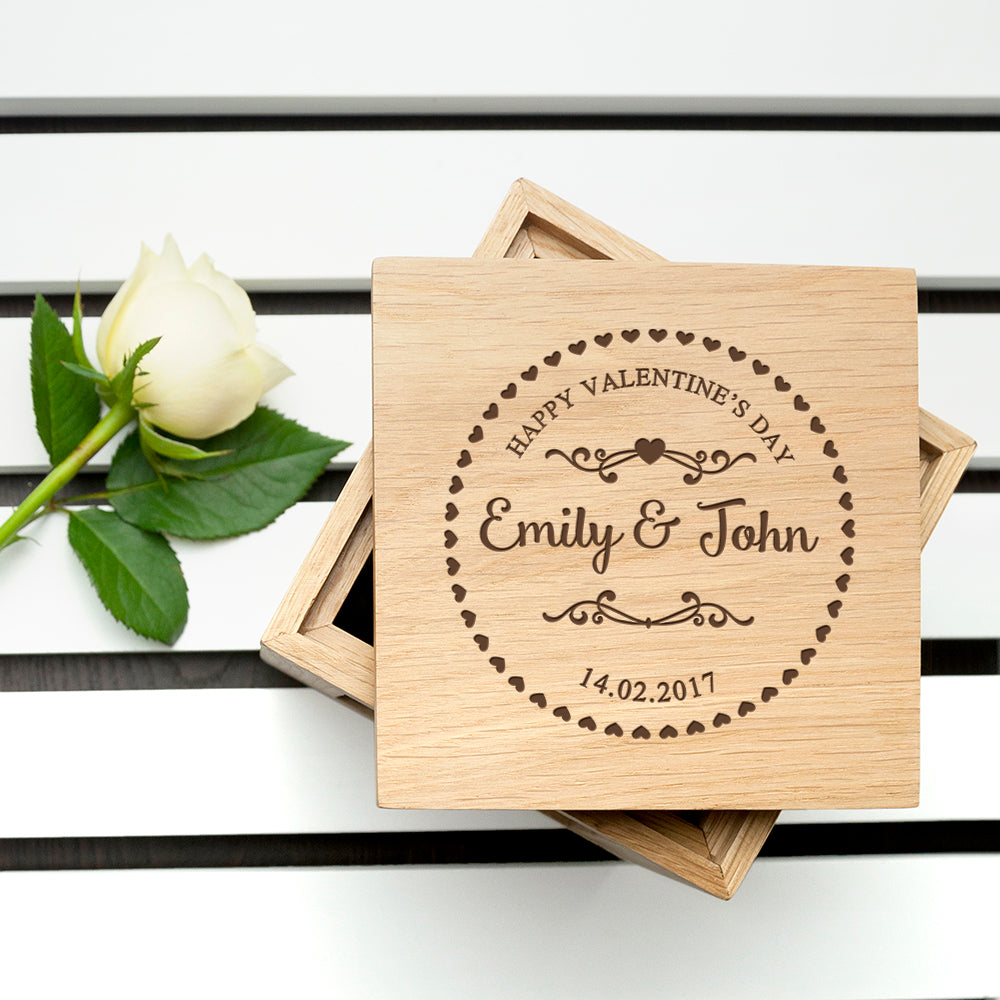 Personalised Romantic Heart Frame Oak Photo Cube: 1 - Photo Cubes By Gift Moments