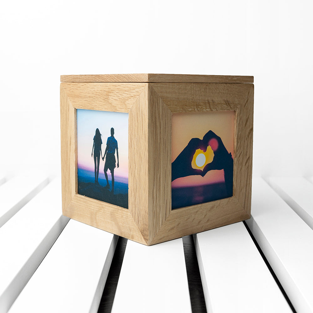 Personalised Romantic Heart Frame Oak Photo Cube: 3 - Photo Cubes By Gift Moments