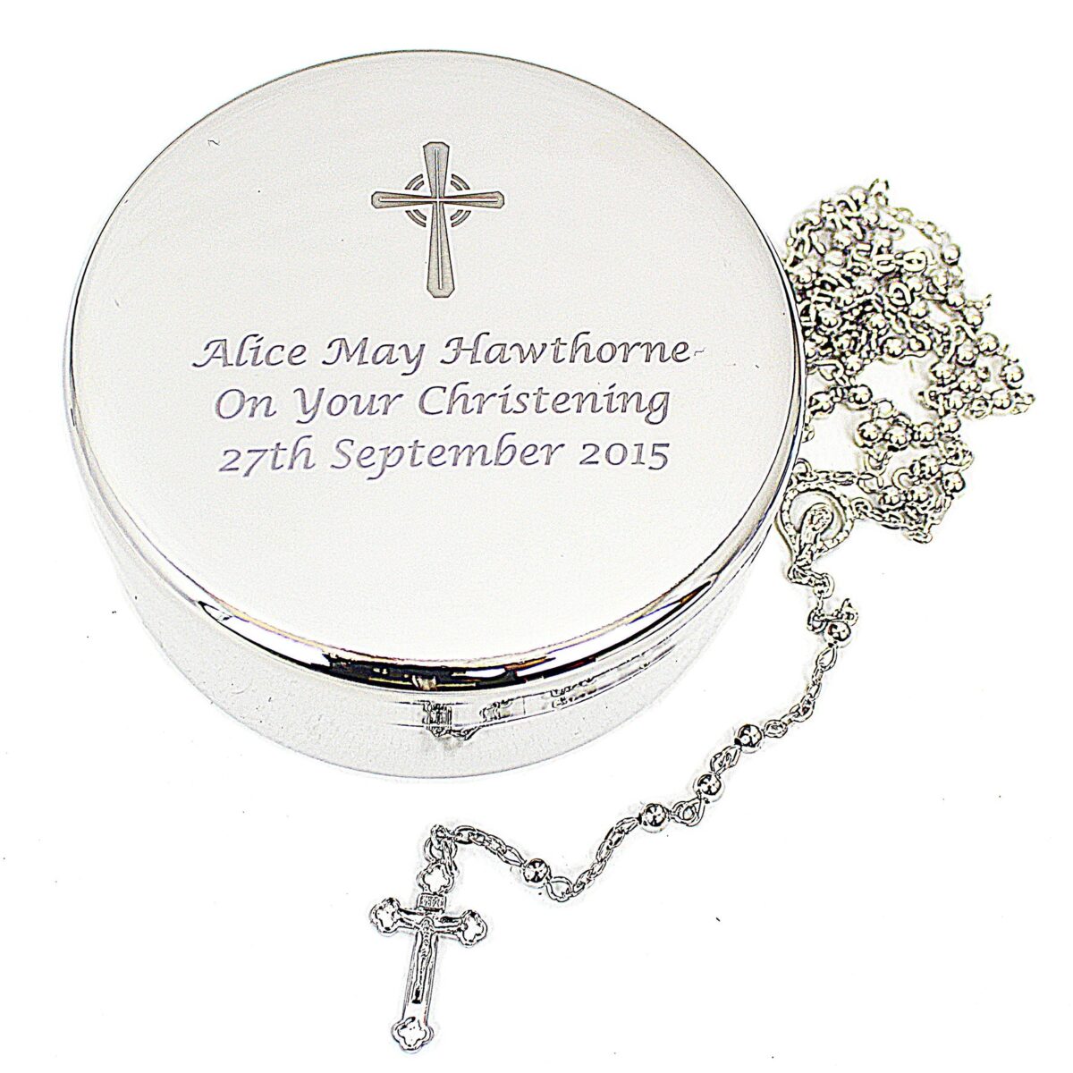 Personalised Rosary Beads and Cross Round Trinket Box: 6 - Trinket Boxes By Gift Moments