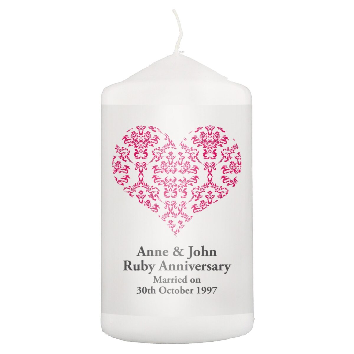 Personalised Ruby Damask Heart Pillar Candle: 2 - Candles By Gift Moments