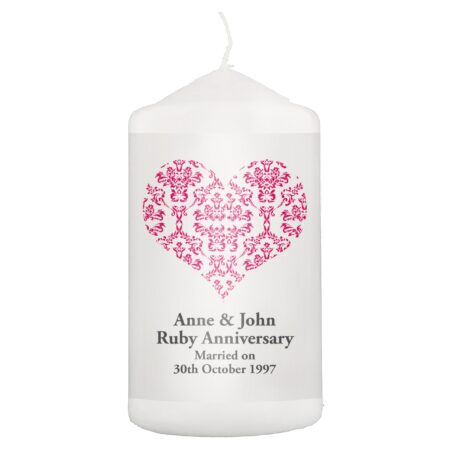 Personalised Ruby Damask Heart Pillar Candle: 2 - Candles By Gift Moments