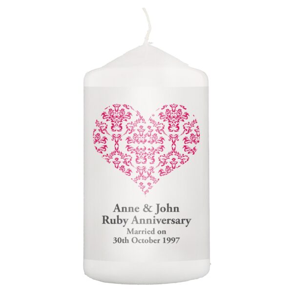 Personalised Ruby Damask Heart Pillar Candle: 2 - Candles By Gift Moments
