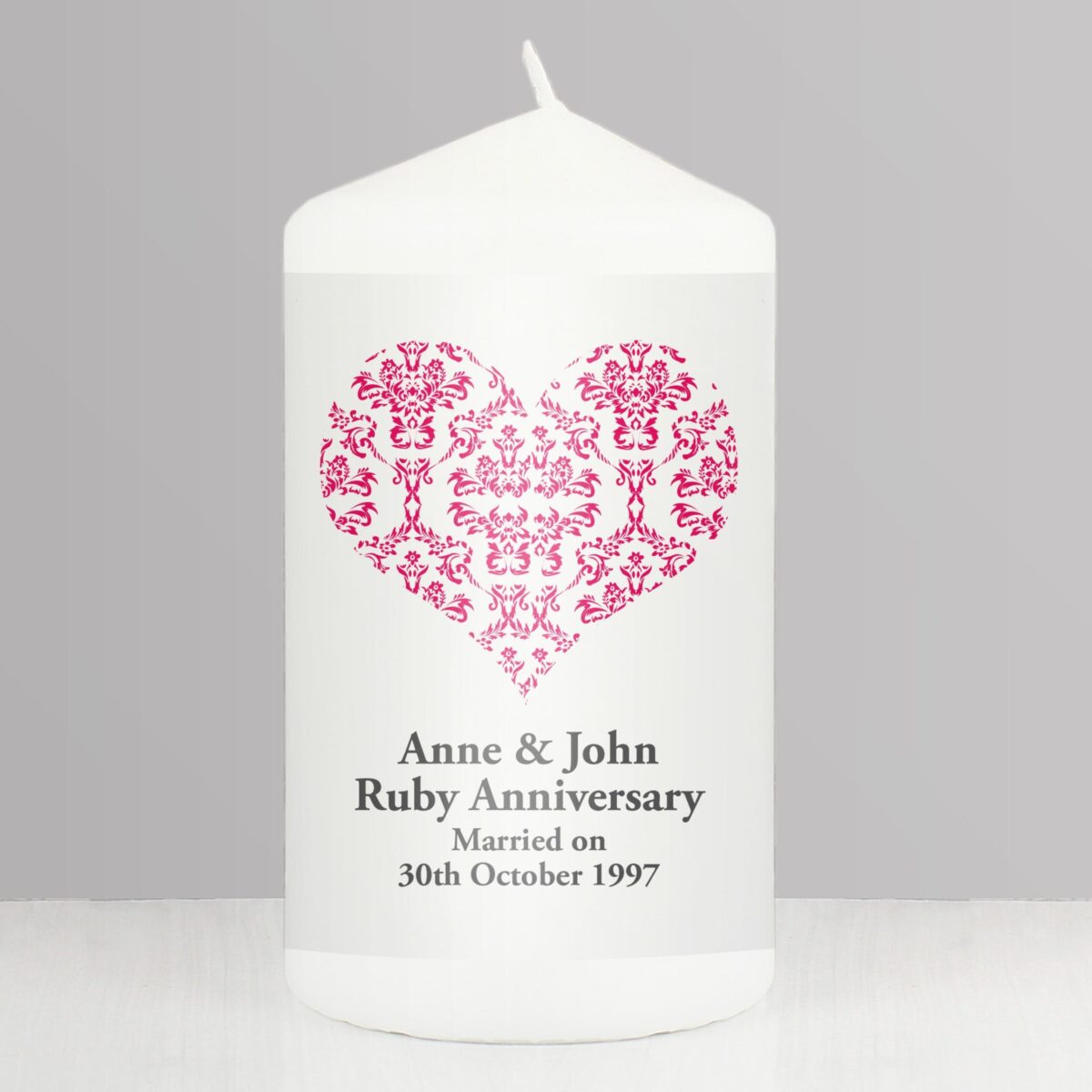 Personalised Ruby Damask Heart Pillar Candle: 1 - Candles By Gift Moments