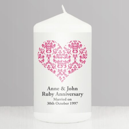 Personalised Ruby Damask Heart Pillar Candle: 1 - Candles By Gift Moments