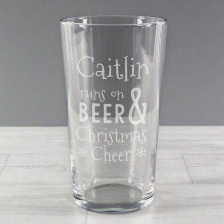 Personalised Runs On Beer & Christmas Cheer Pint Glass: 2 - Beer Glasses By Gift Moments