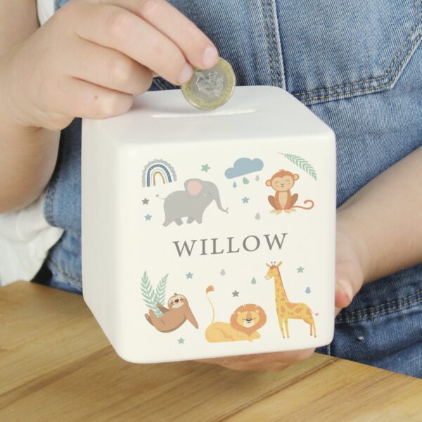 Personalised Safari Animals Ceramic Square Moneybox: 2 - Money Boxes By Gift Moments