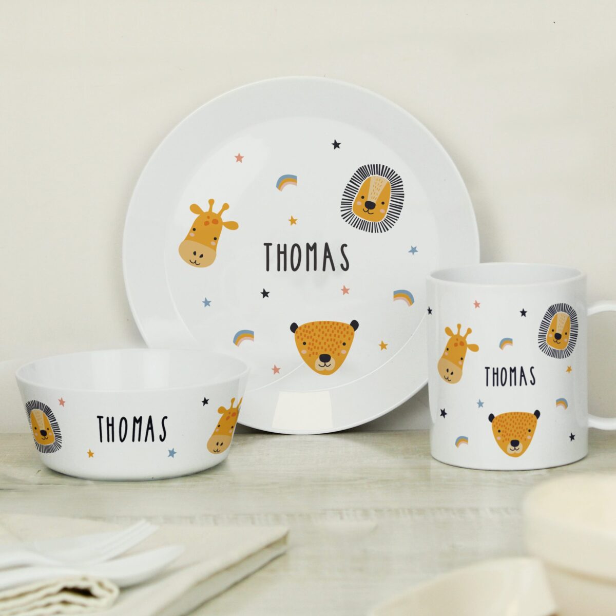 Personalised Safari Animals Plastic Childrens Breakfast Set: 2 - Tableware By Gift Moments