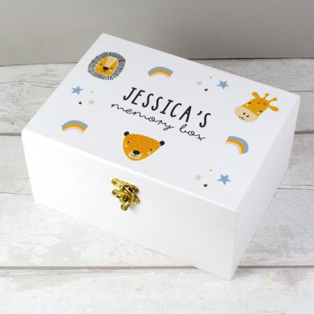 Personalised Safari Animals White Wooden Keepsake Box: 1 - Keepsake Boxes By Gift Moments
