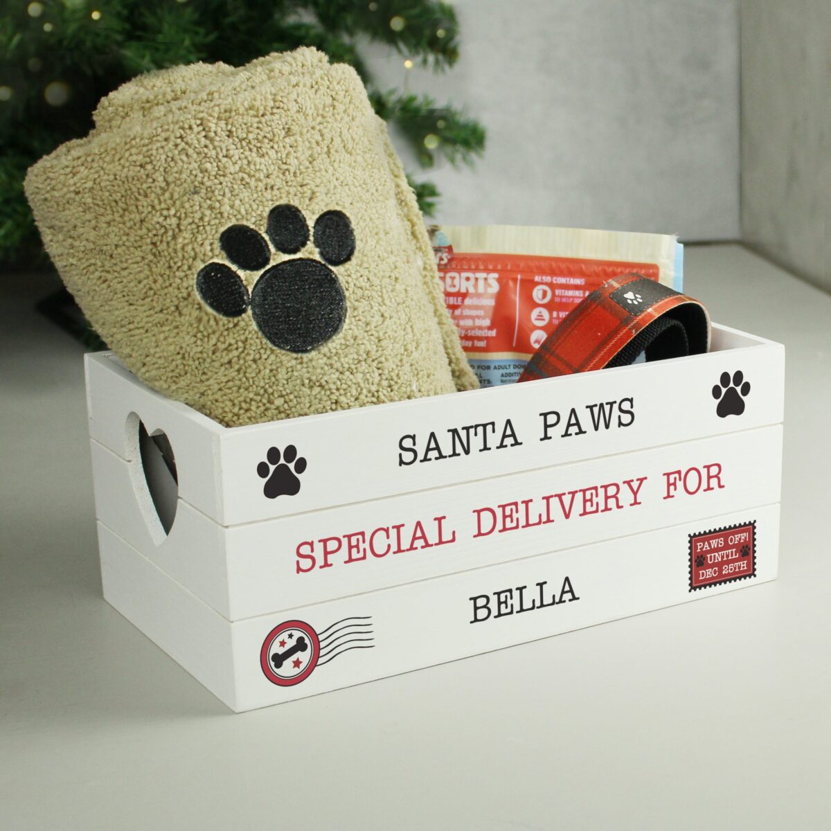 Personalised Santa Paws White Wooden Crate: 3 - Storage By Gift Moments