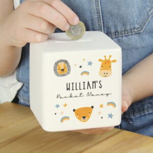 Personalised Scandi Safari Animals Ceramic Square Money Box: 2 - Money Boxes By Gift Moments
