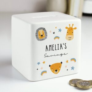 Personalised Scandi Safari Animals Ceramic Square Money Box: 4 - Money Boxes By Gift Moments