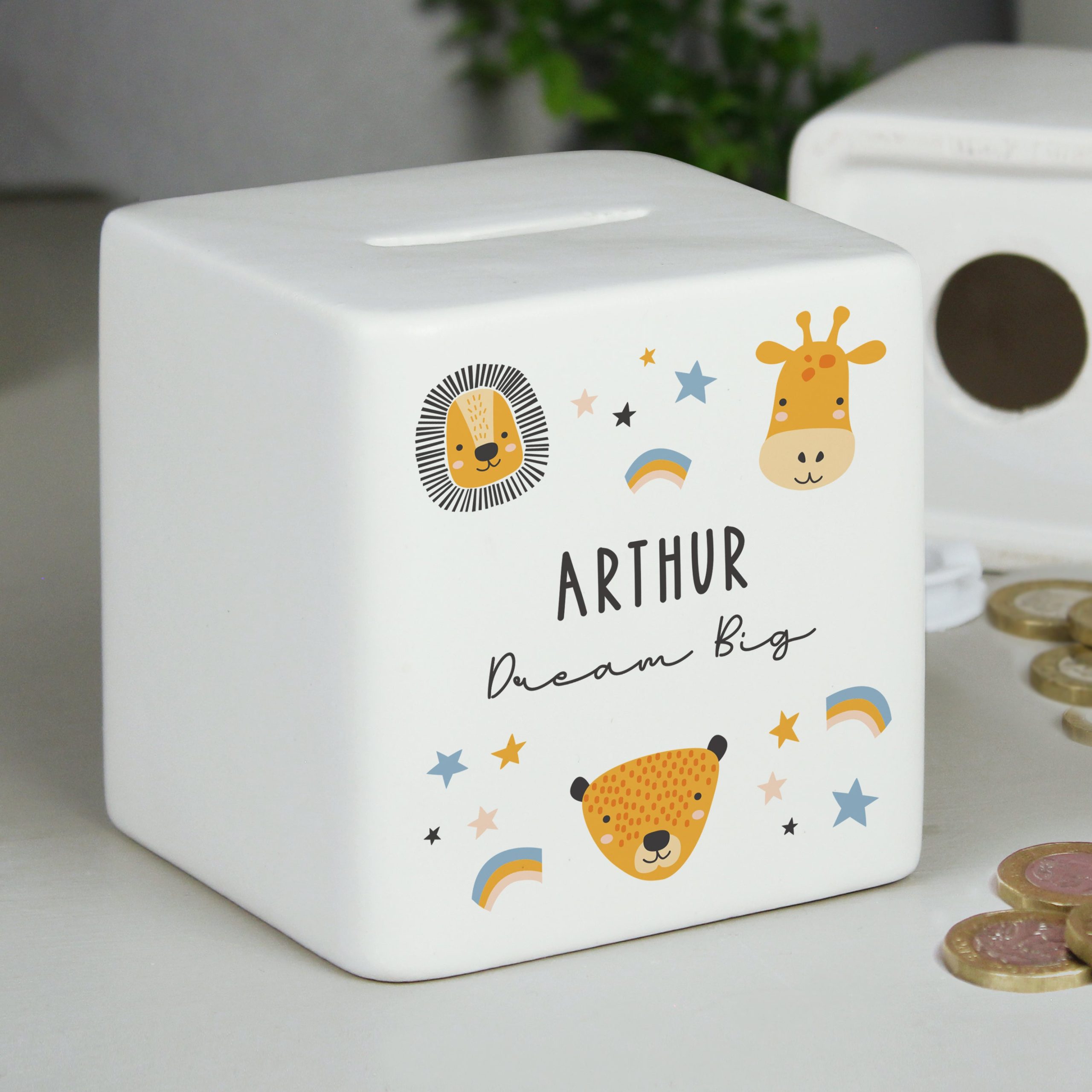 Personalised Scandi Safari Animals Ceramic Square Money Box: 1 - Money Boxes By Gift Moments
