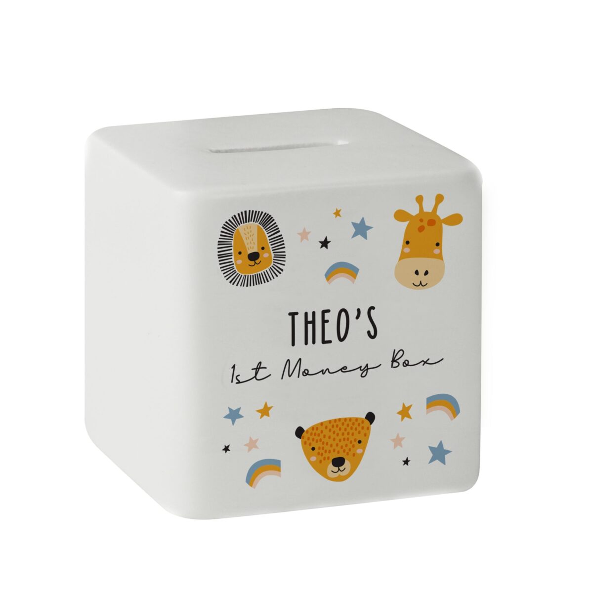 Personalised Scandi Safari Animals Ceramic Square Money Box: 6 - Money Boxes By Gift Moments