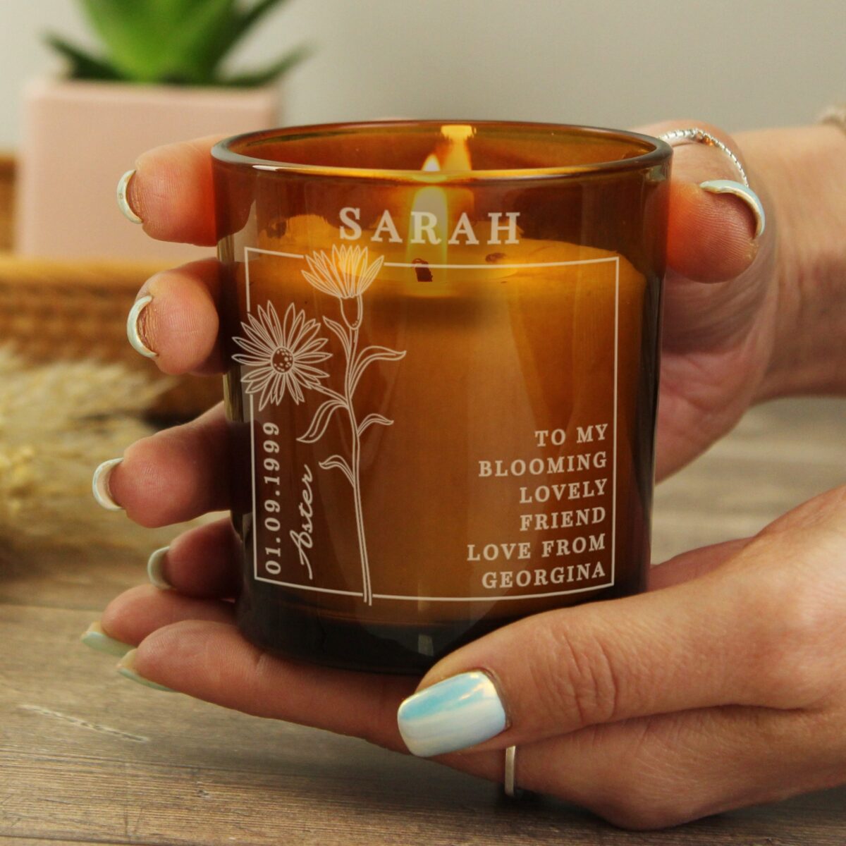 Personalised September Birth Flower Amber Glass Candle: 4 - Candles By Gift Moments