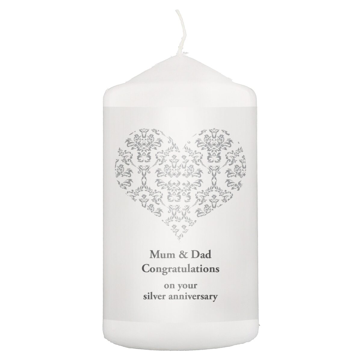 Personalised Silver Damask Heart Pillar Candle: 2 - Candles By Gift Moments