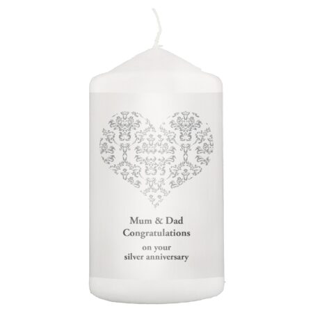 Personalised Silver Damask Heart Pillar Candle: 2 - Candles By Gift Moments