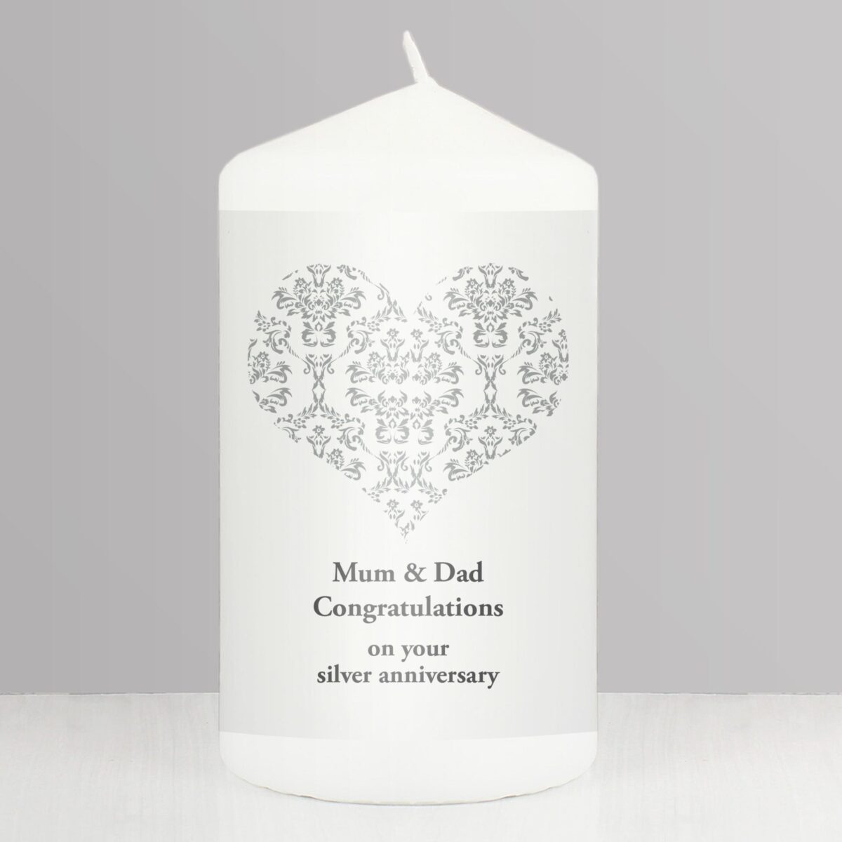 Personalised Silver Damask Heart Pillar Candle: 1 - Candles By Gift Moments
