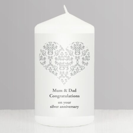 Personalised Silver Damask Heart Pillar Candle: 1 - Candles By Gift Moments