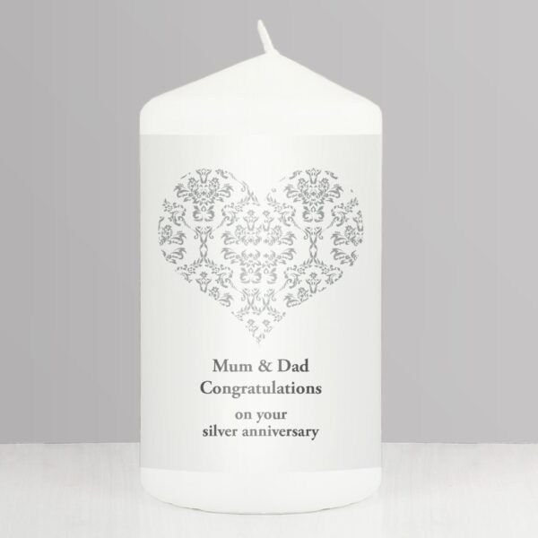 Personalised Silver Damask Heart Pillar Candle: 1 - Candles By Gift Moments