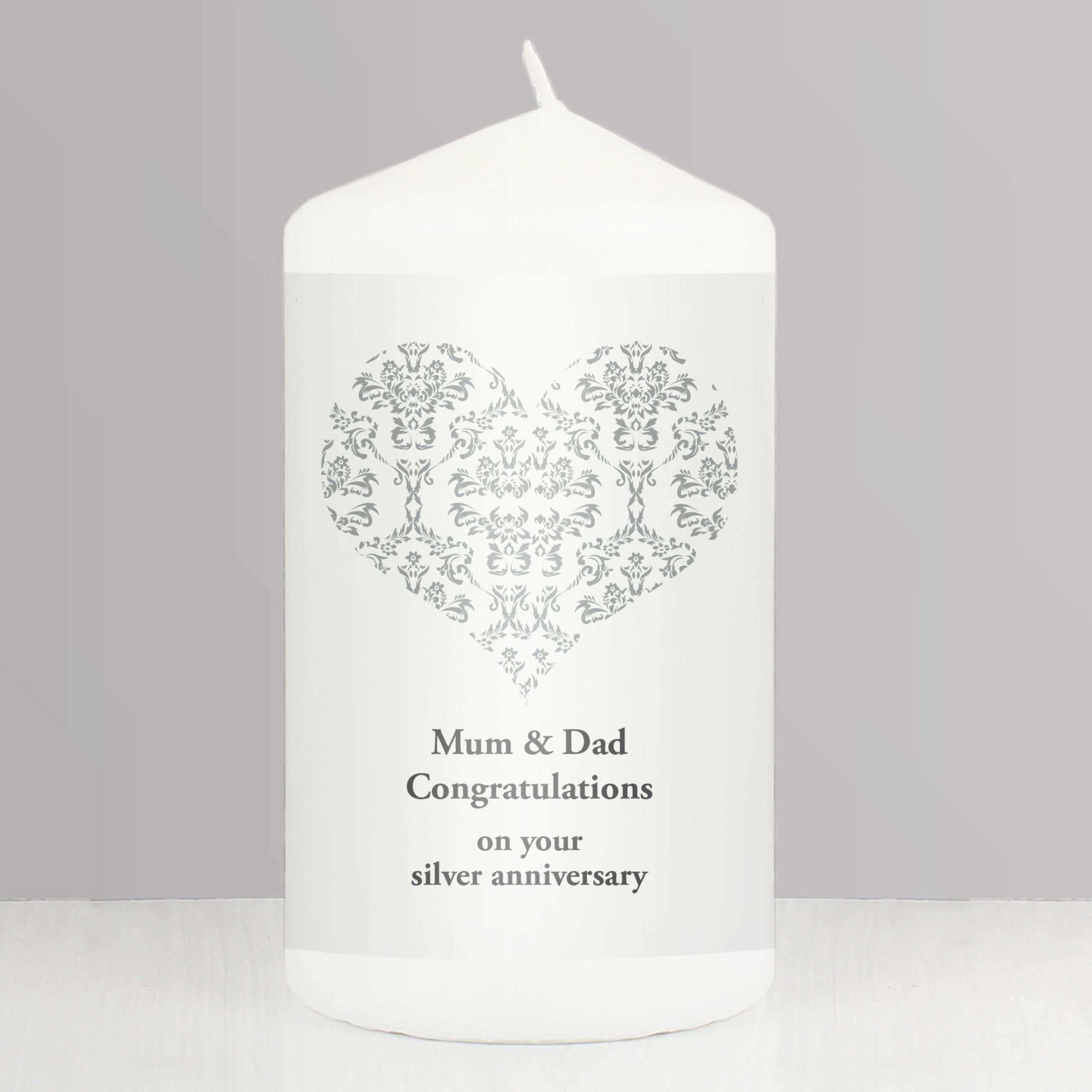 Personalised Silver Damask Heart Pillar Candle: 1 - Candles By Gift Moments