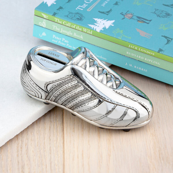 Personalised Silver Plated Football Boot Money Box: 1 - Money Boxes By Gift Moments