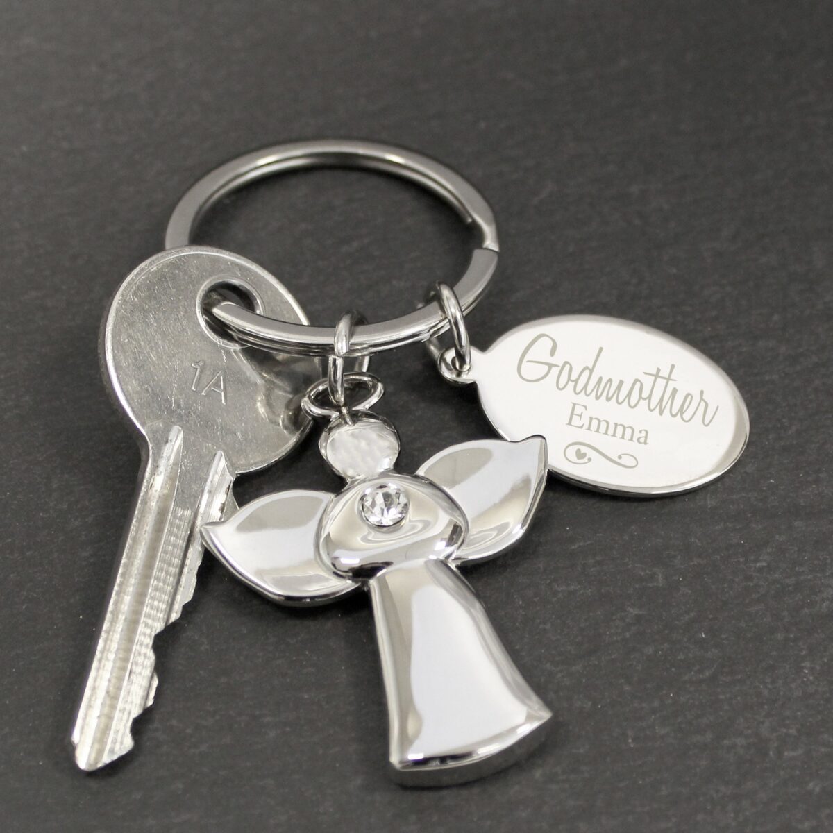 Personalised Silver Plated Swirls & Hearts Godmother Angel Keyring: 4 - Keyrings By Gift Moments