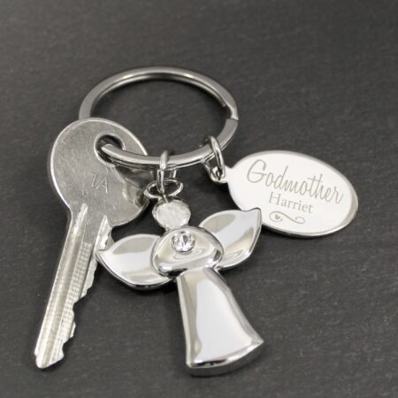 Personalised Silver Plated Swirls & Hearts Godmother Angel Keyring: 1 - Keyrings By Gift Moments