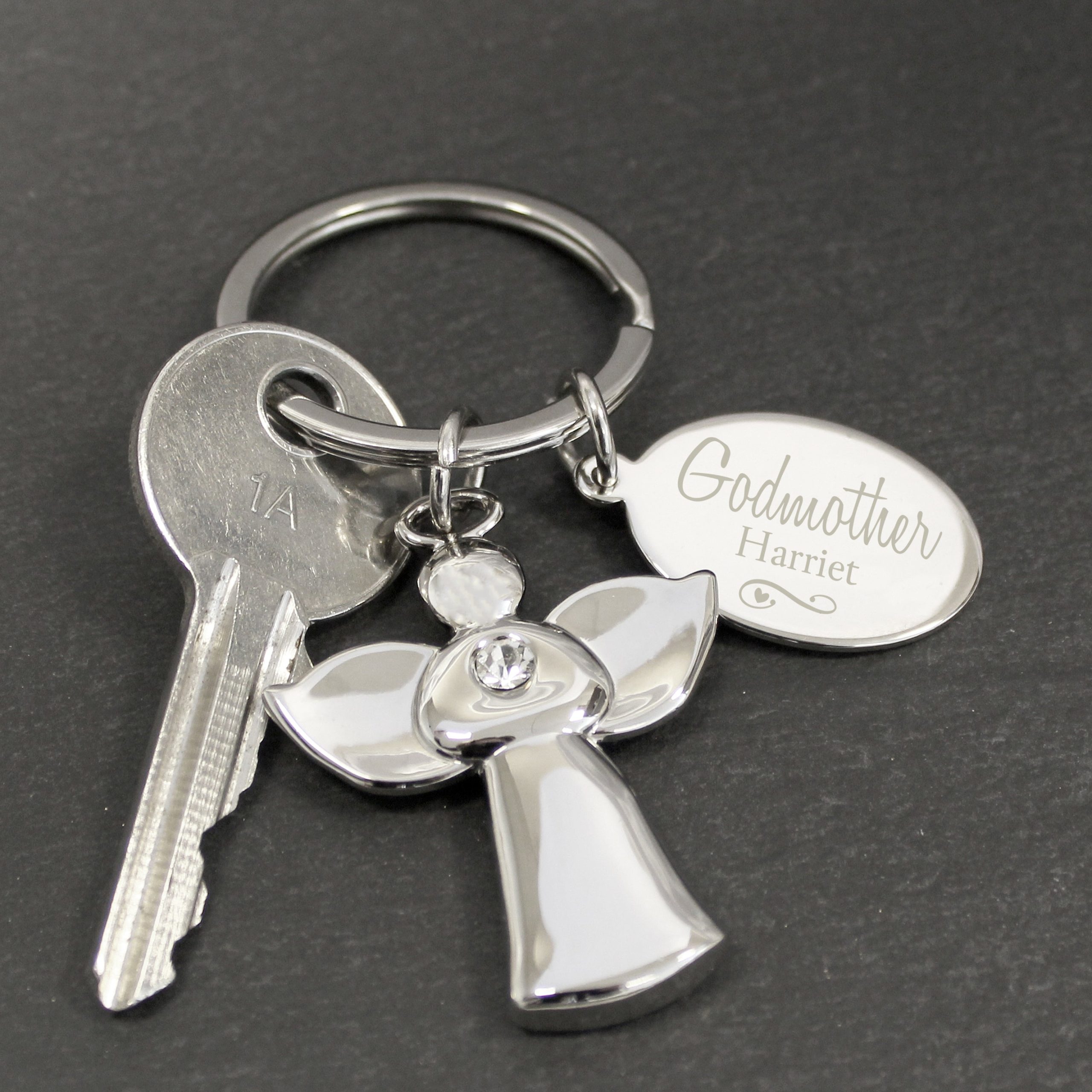 Personalised Silver Plated Swirls & Hearts Godmother Angel Keyring: 1 - Keyrings By Gift Moments