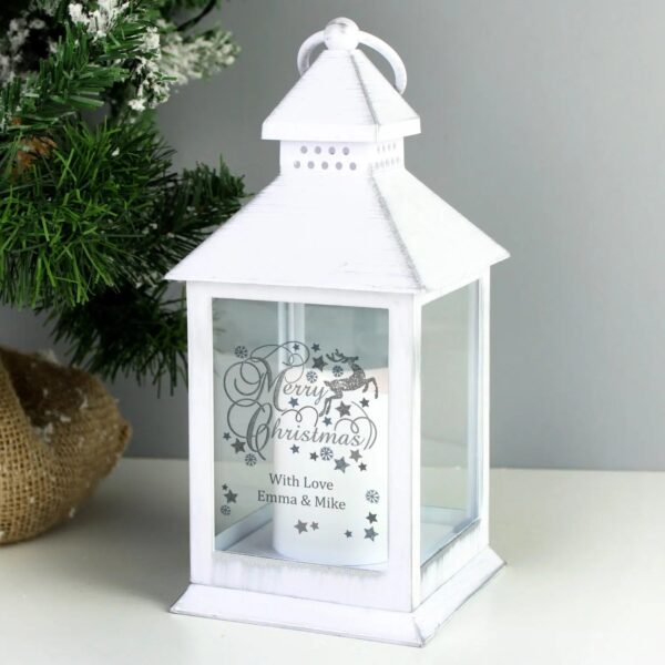 Personalised Silver Reindeer White Lantern: 1 - LED Lighting By Gift Moments