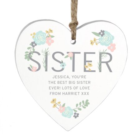 Personalised Sister Floral Wooden Heart Decoration: 5 - Decorations By Gift Moments