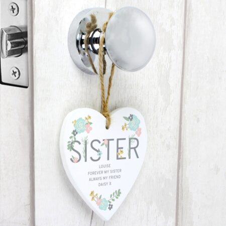 Personalised Sister Floral Wooden Heart Decoration: 3 - Decorations By Gift Moments