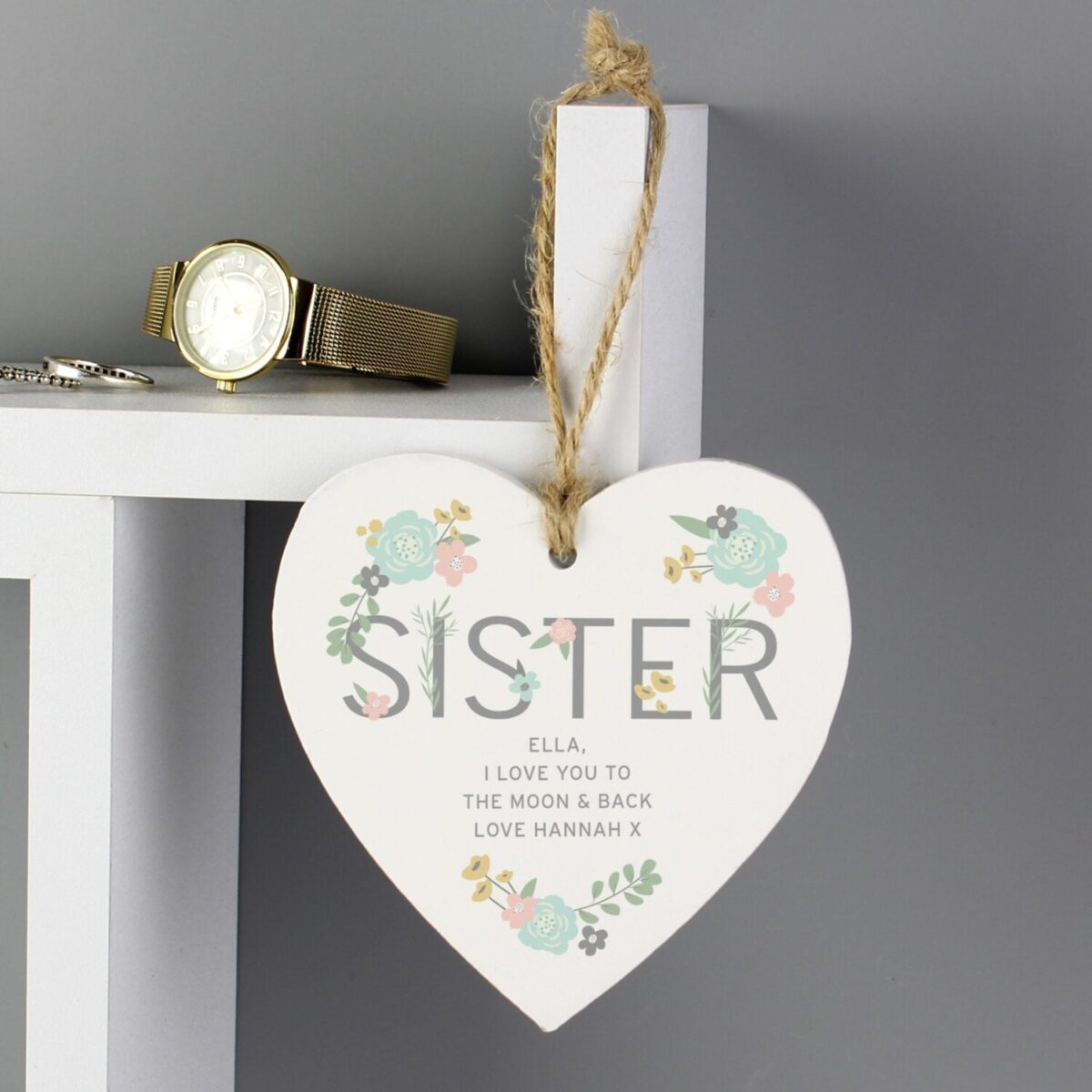 Personalised Sister Floral Wooden Heart Decoration: 2 - Decorations By Gift Moments