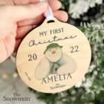 Personalised The Snowman My First Christmas Round Wooden Decoration: 1 - Christmas Decorations By The Snowman