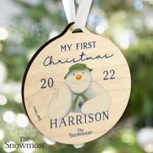 Personalised The Snowman My First Christmas Round Wooden Decoration: 2 - Christmas Decorations By The Snowman