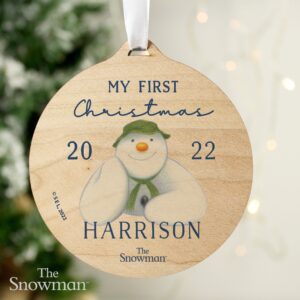 Personalised The Snowman My First Christmas Round Wooden Decoration: 3 - Christmas Decorations By The Snowman