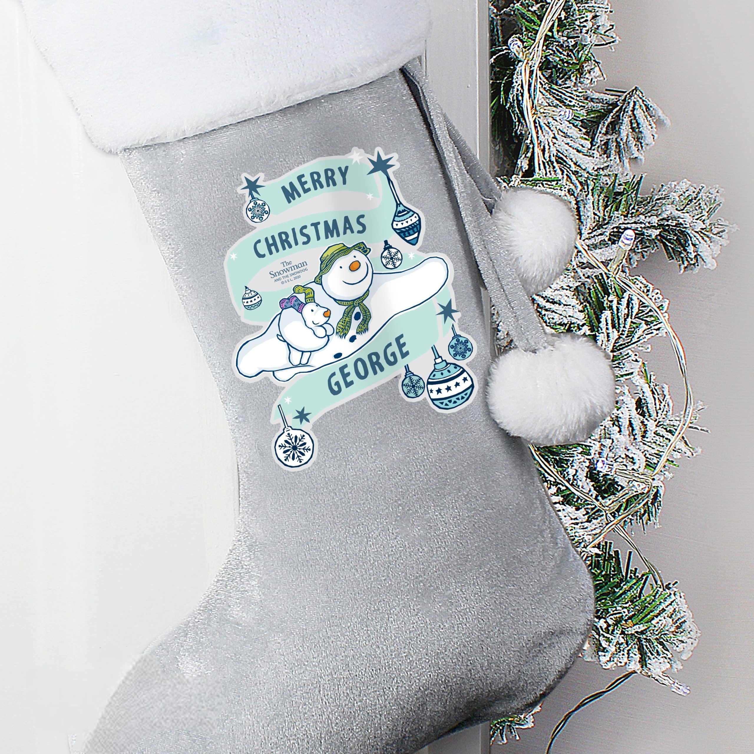 Personalised The Snowman and the Snowdog Luxury Silver Grey Stocking: 1 - Christmas Stockings By The Snowman