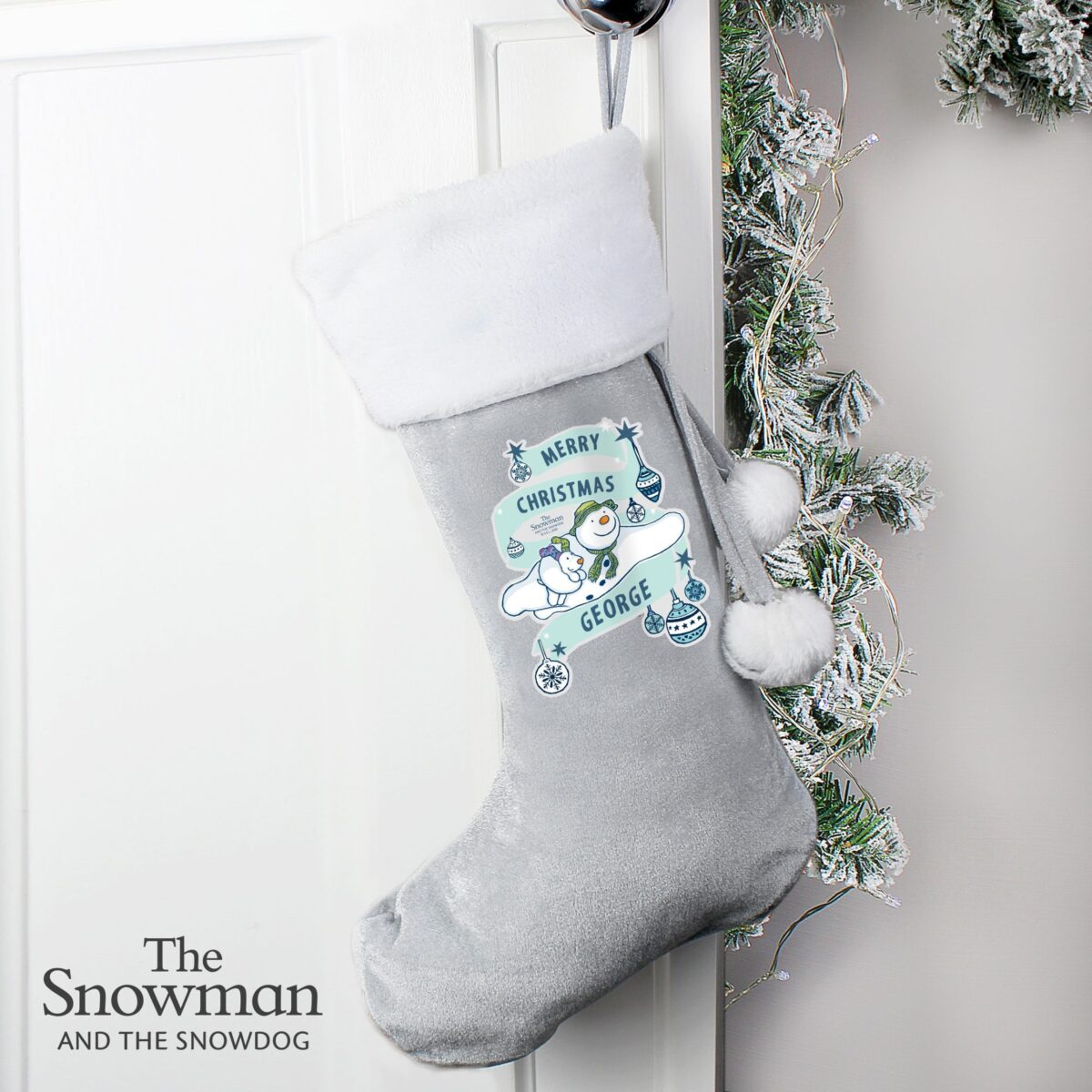 Personalised The Snowman and the Snowdog Luxury Silver Grey Stocking: 3 - Christmas Stockings By The Snowman