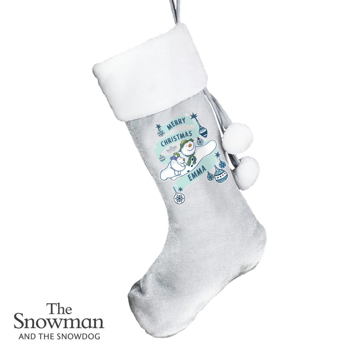 Personalised The Snowman and the Snowdog Luxury Silver Grey Stocking: 4 - Christmas Stockings By The Snowman