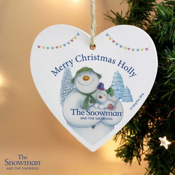 Personalised The Snowman and the Snowdog Wooden Heart Decoration: 2 - Christmas Decorations By The Snowman