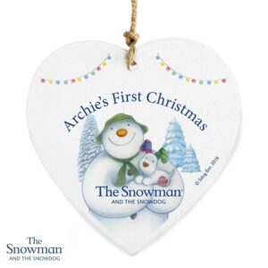 Personalised The Snowman and the Snowdog Wooden Heart Decoration: 3 - Christmas Decorations By The Snowman