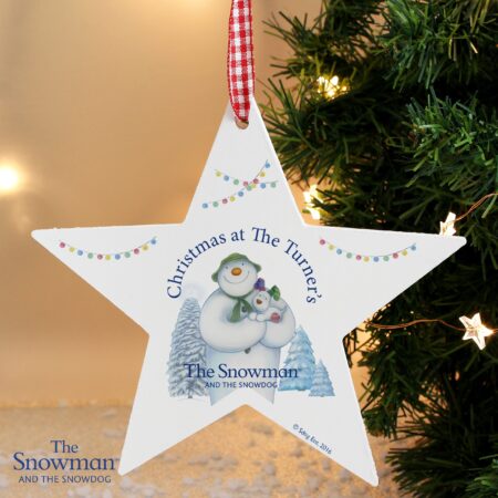 Personalised The Snowman and the Snowdog Wooden Star Decoration: 5 - Christmas Decorations By The Snowman