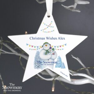 Personalised The Snowman and the Snowdog Wooden Star Decoration: 3 - Christmas Decorations By The Snowman