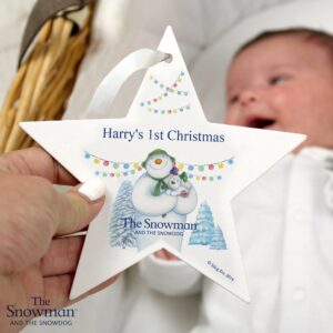 Personalised The Snowman and the Snowdog Wooden Star Decoration: 2 - Christmas Decorations By The Snowman