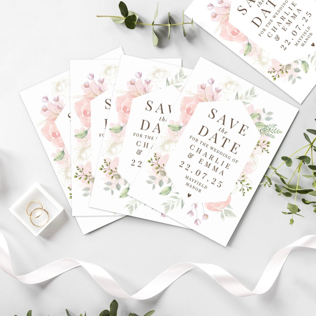 Personalised soft floral set 36 wedding save dates