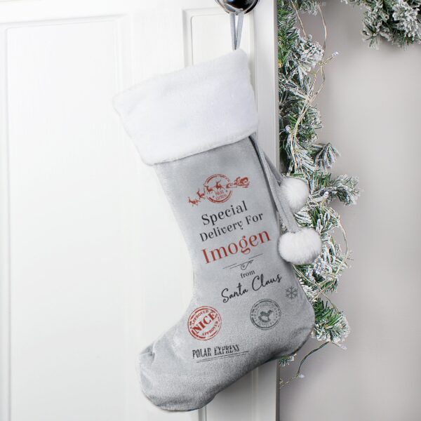 Personalised Special Delivery Silver Grey Stocking: 1 - Christmas Stockings By Gift Moments