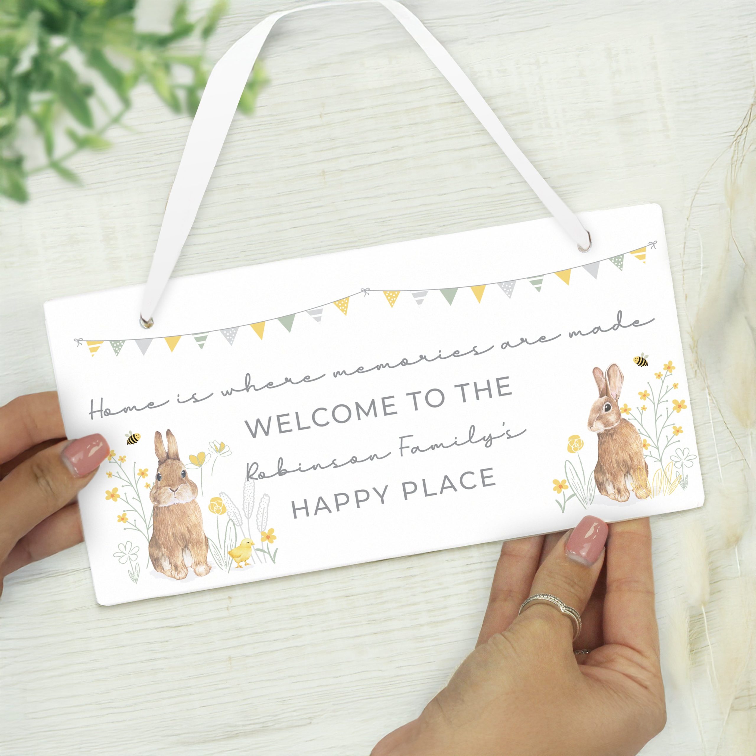 Personalised spring bunny wooden sign