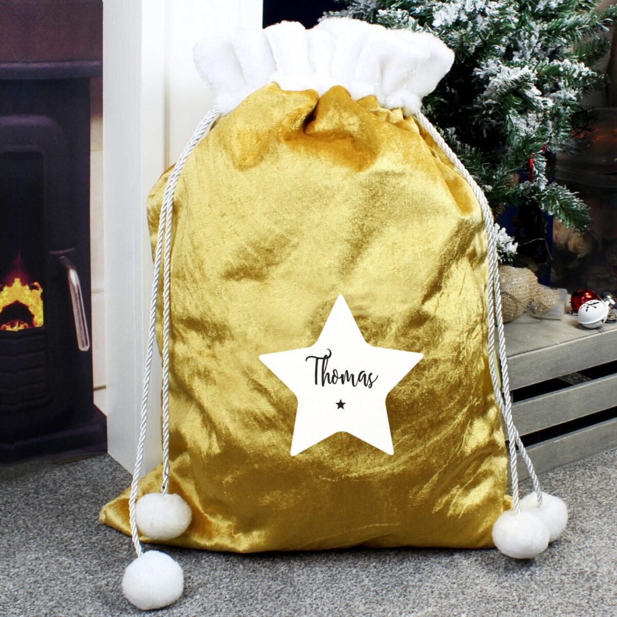 Personalised Star Luxury Pom Pom Gold Sack: 1 - Christmas Sacks By Gift Moments