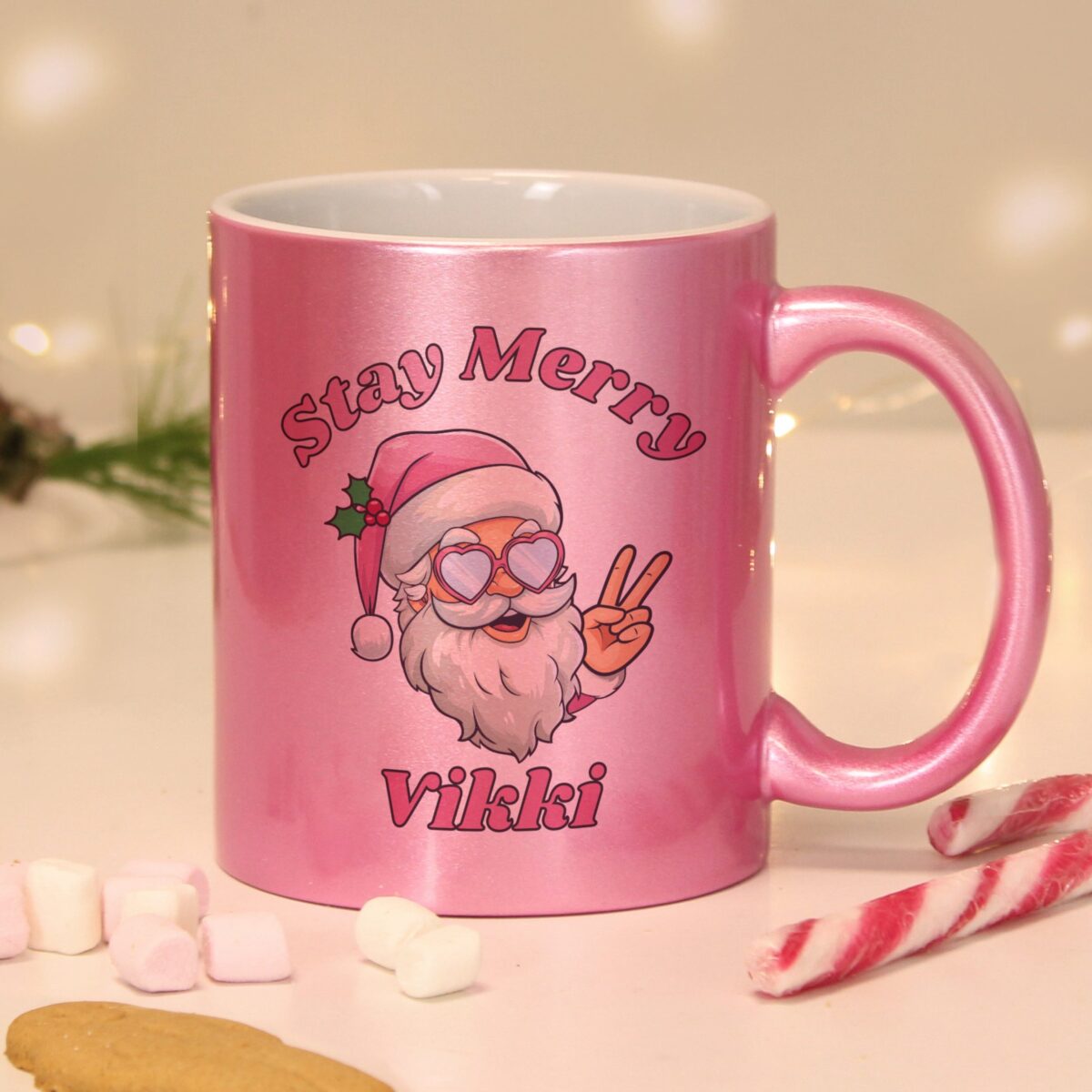 Personalised Stay Merry Santa Pink Mug: 3 - Mugs By Gift Moments