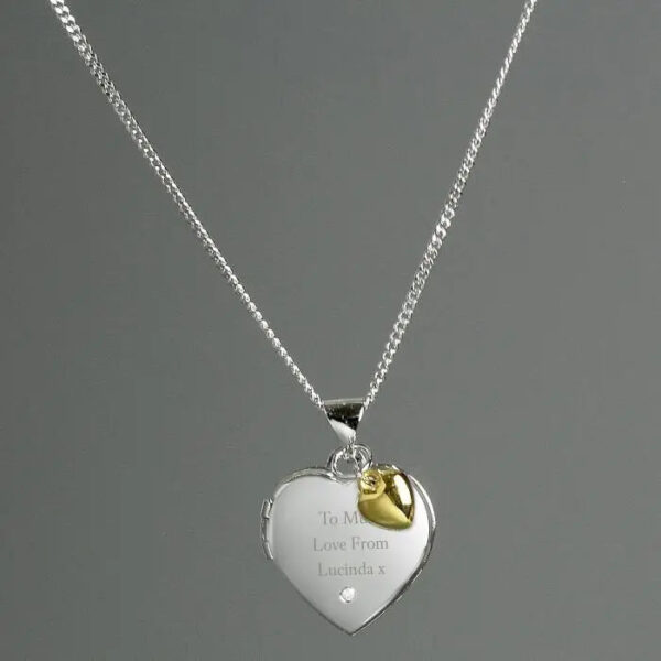 Personalised Sterling Silver Heart Locket Necklace with Diamond and 9ct Gold Charm: 1 - Necklaces By Gift Moments