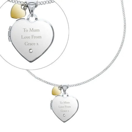 Personalised Sterling Silver Heart Locket Necklace with Diamond and 9ct Gold Charm: 4 - Necklaces By Gift Moments